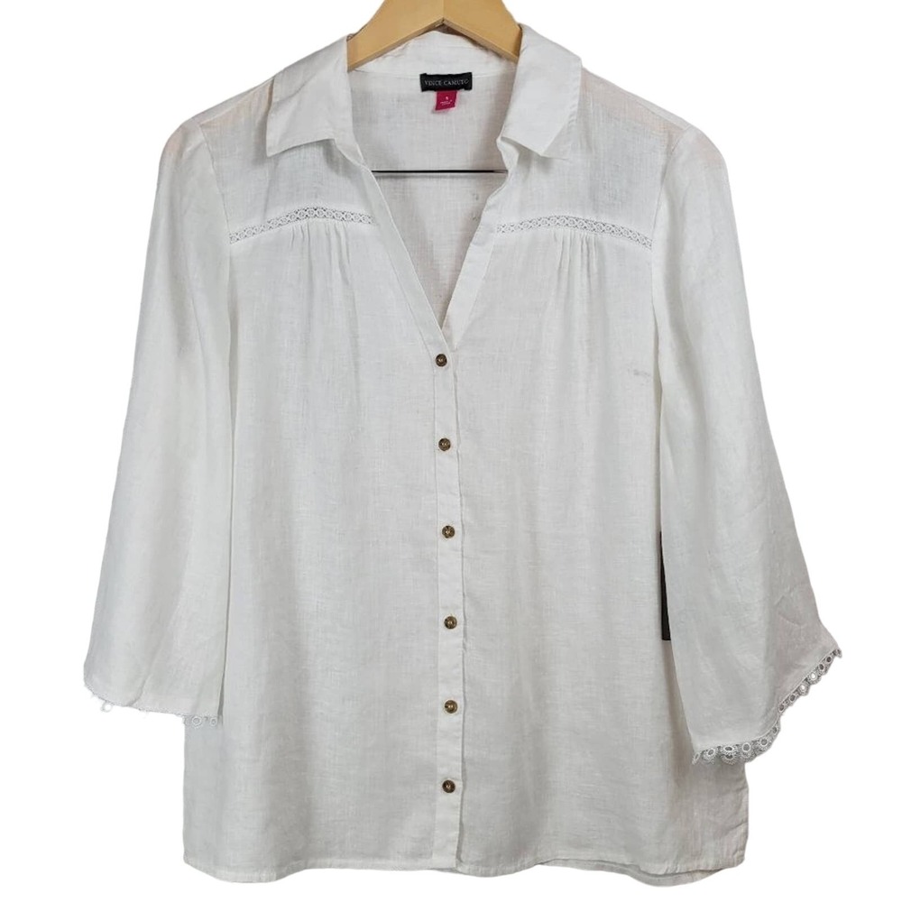 Vince Camuto White Linen Blend 3/4 Sleeve Button Down Top Womens‎ Size S